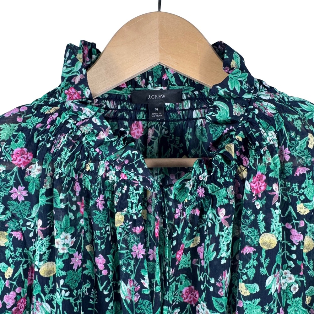 J.Crew Floral Smocked Ruffle Neck Chiffon Lined Blouse Womens M Navy Blue‎